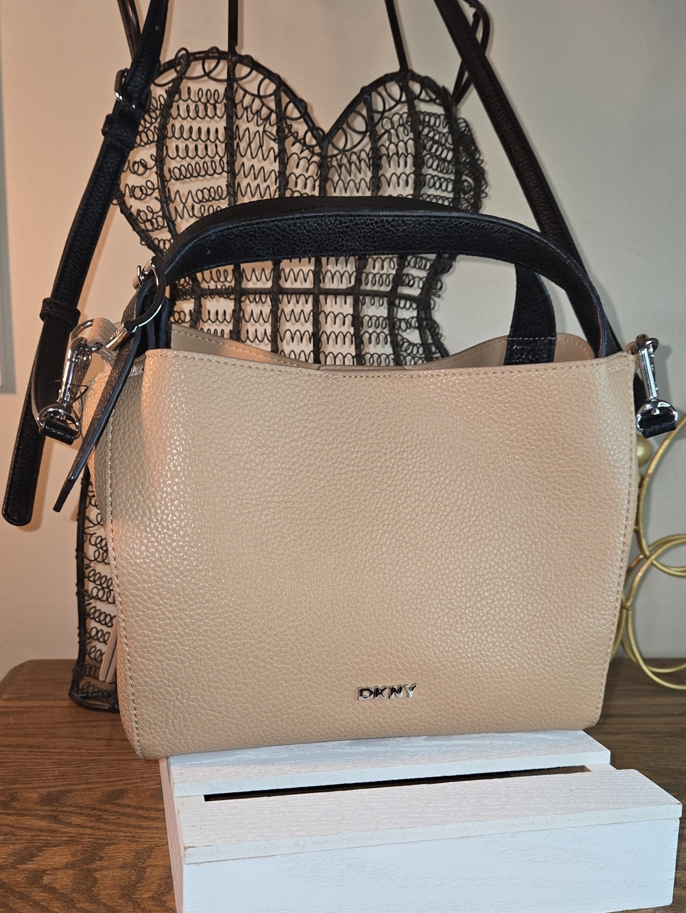 DKNY Beige and Black Pebbled Leather Top-Handle Crossbody
